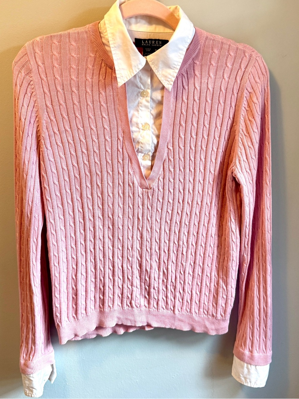 Lauren by RL 100% Silk Cable Knit Sweater w/White Cotton Collar M-Fits Small